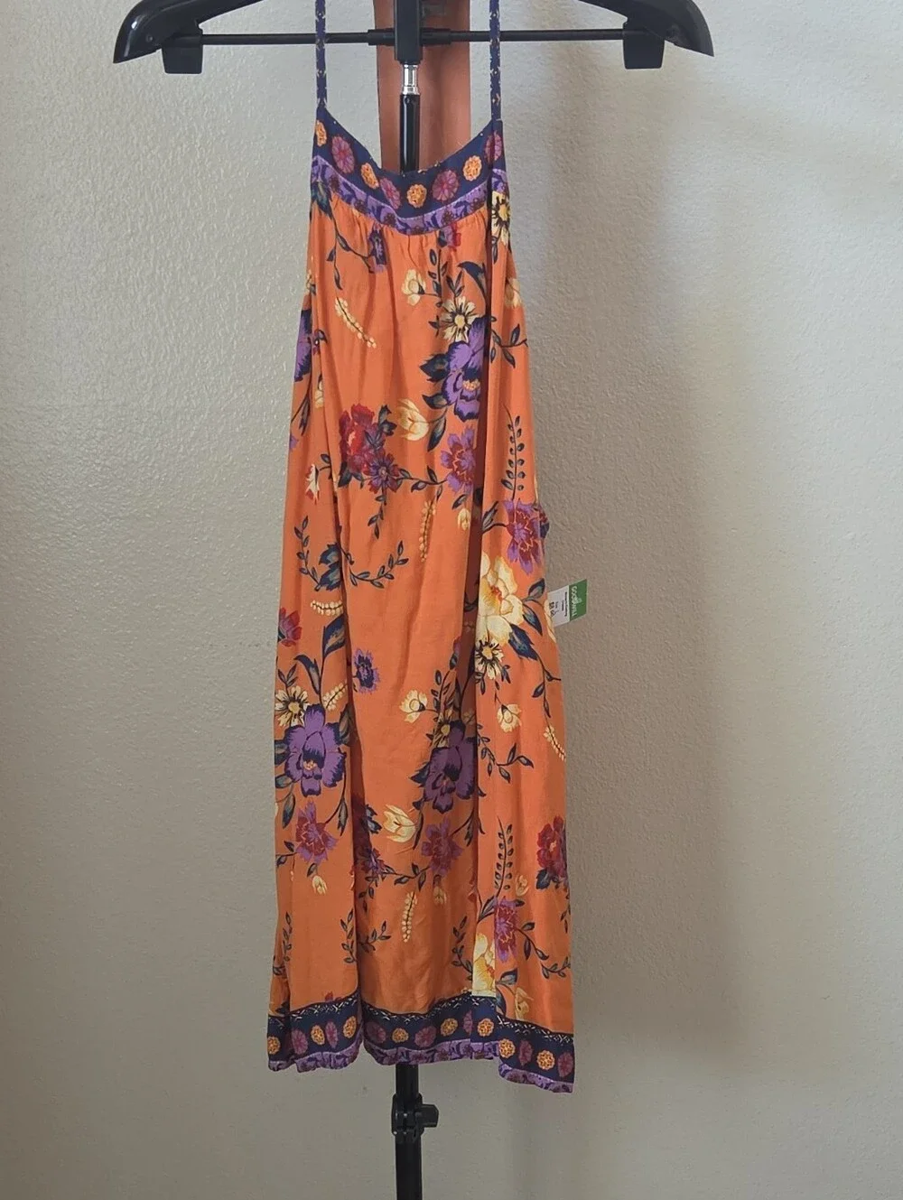 Ecote Women's L Orange Floral Rayon Maxi Dress Sleeveless Strappy Scoop Pullover